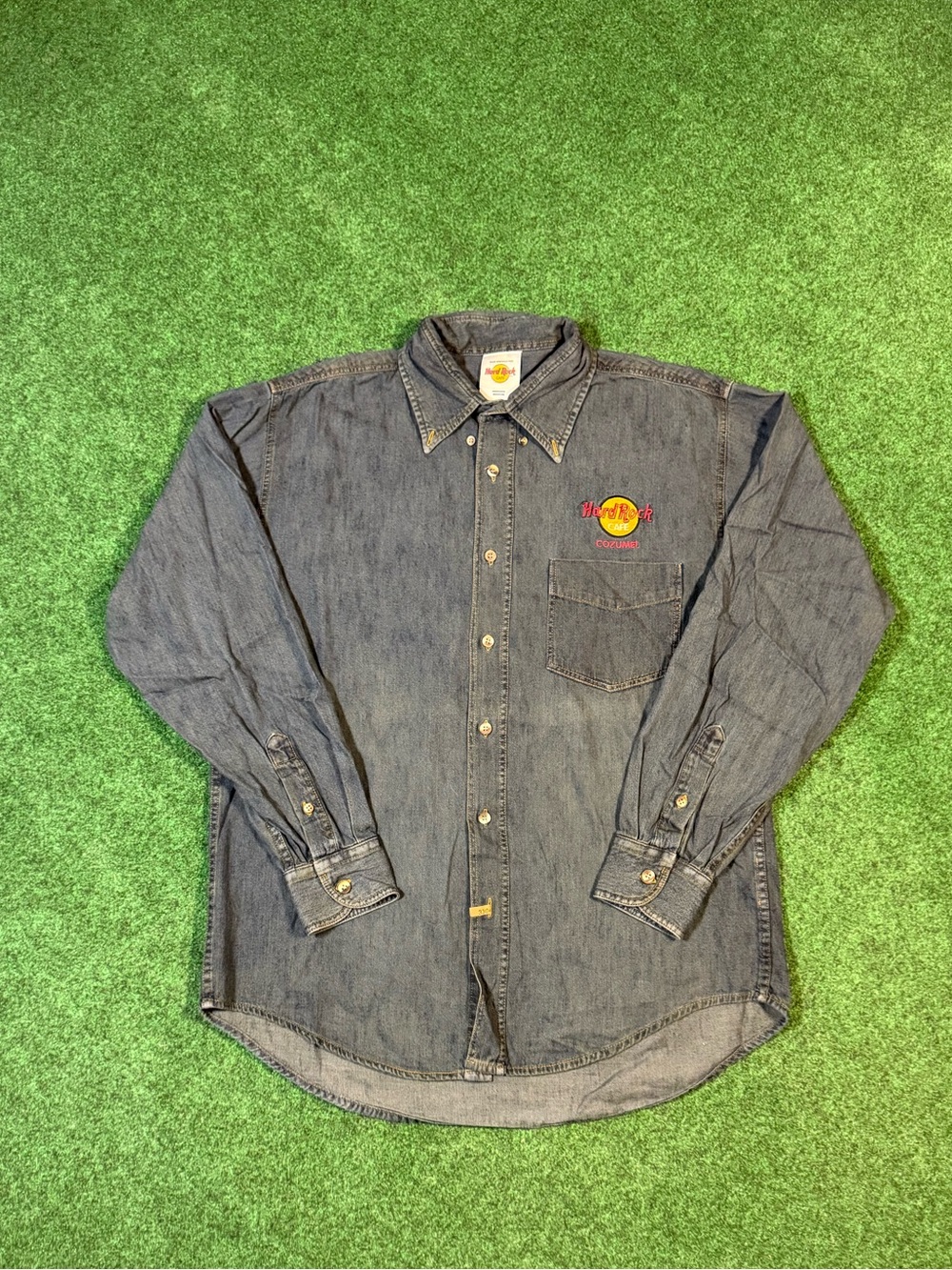Hard Rock Cafe Denim Button-Down Shirt with Embroidered Logo